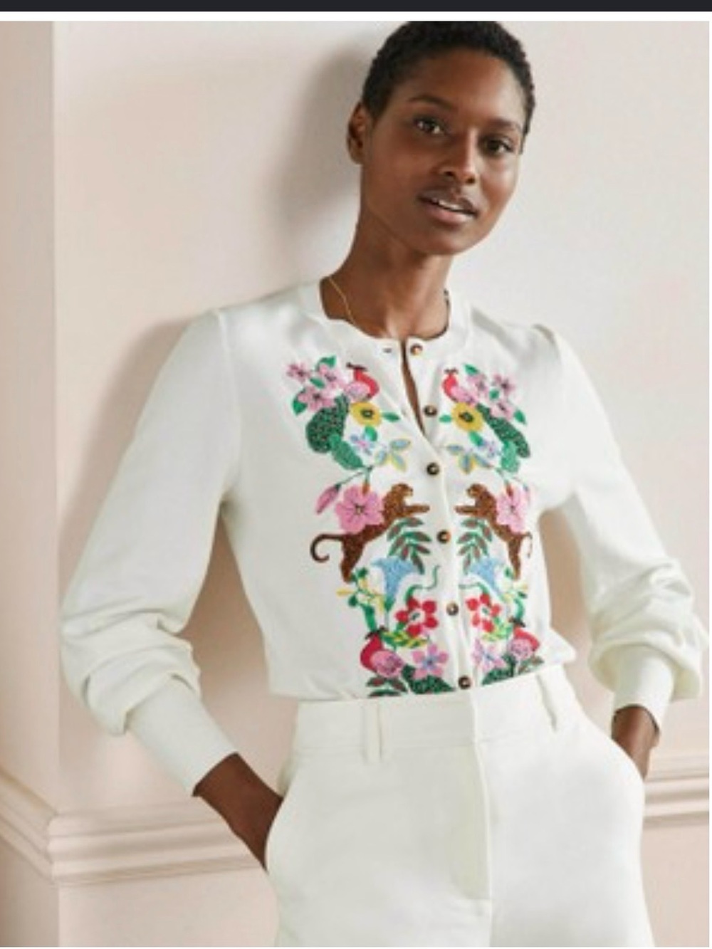 Boden White Cardigan with Multicolor Floral & Animal Embroidery (size S)
